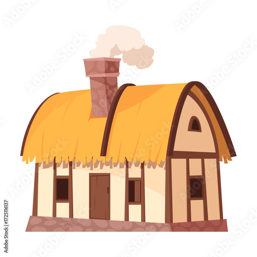 Cozy thatched roof cottage with a smoking chimney, rural medieval dwelling, rustic home illustration