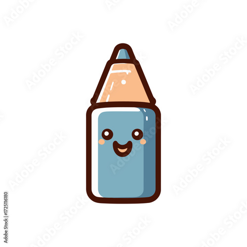 Cute cartoon glue bottle with a smiling face, set against a simple white background