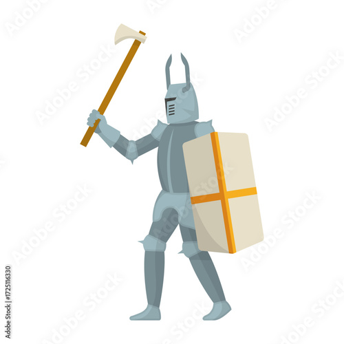Medieval Knight in Full Armor, Raising Axe and Shield, Illustration