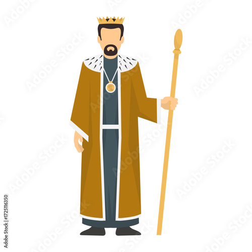 Illustration of a regal medieval king with a golden crown and scepter on a white background