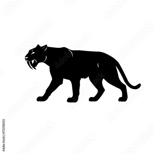 Silhouette illustration of a saber-toothed cat Smilodon with long curved fangs. Prehistoric Ice Age predator design for logo, mascot, or ancient wildlife concept