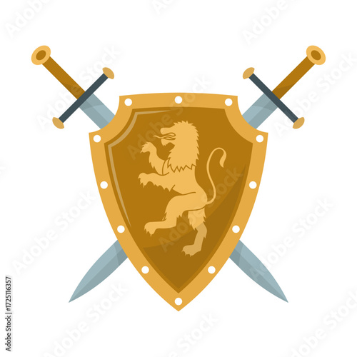 Medieval Crest Golden Shield with Rampant Lion and Crossed Swords