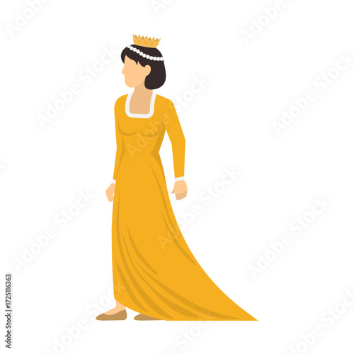 Illustration of a beautiful queen in a long yellow gown and a golden crown on a white background