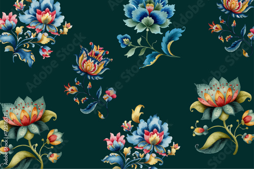 Jacobean floral embroidery patterns bring a fantasy touch to vintage design. Create backgrounds full of rhythm and harmony. Ethnic batik details blend with retro elegance. Vector illustrations