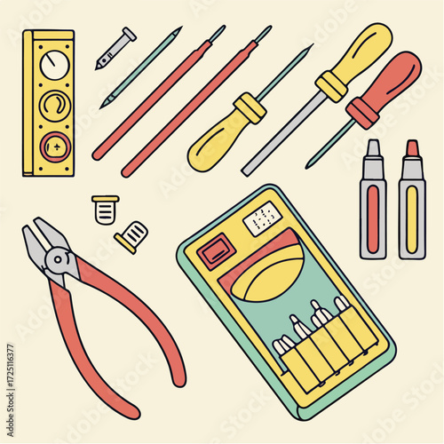 This illustration features a neat arrangement of essential hand tools, highlighting the craftsmanship and utility.