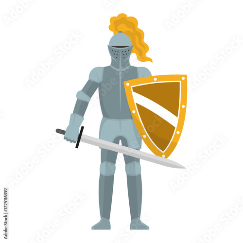An illustration of a medieval knight, fully armored and ready for battle, holding sword and shield
