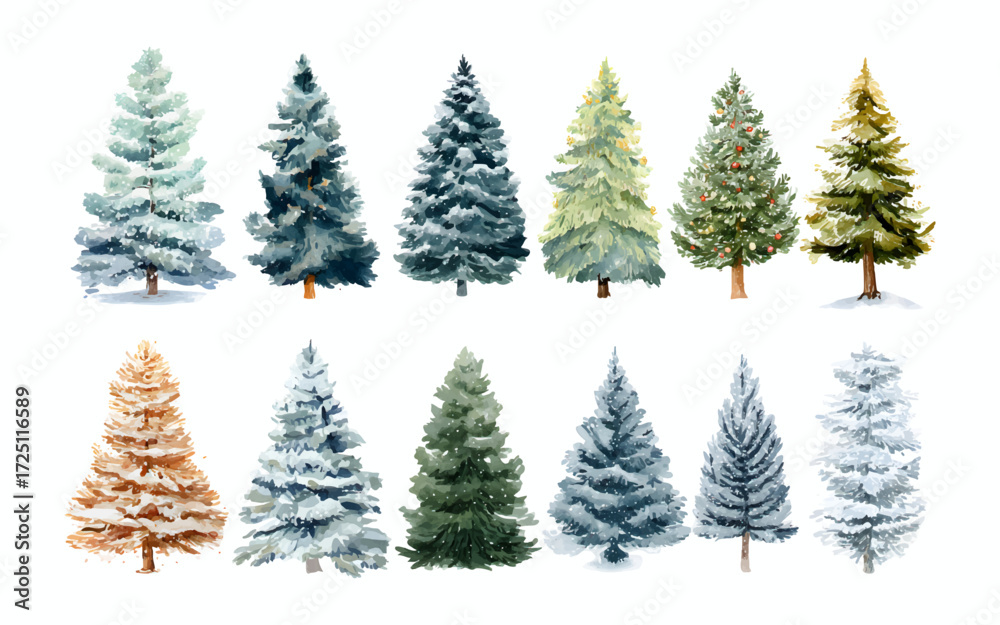 Fototapeta premium Watercolor set of winter Christmas trees. Forest green and blue Christmas trees covered with snow. Christmas and New Year snowy trees. Winter Christmas trees covered with white snow.