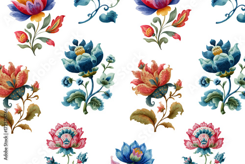 Beautiful floral romantic seamless patterns appear in Jacobean style. The designs merge vintage elements with artistic embroidery. Watercolor Jacobean floral patterns repeat as boho print artwork.