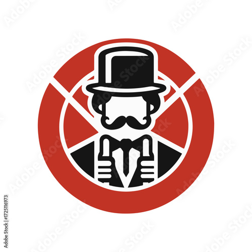 Stylized illustration of a gentleman in a suit and top hat with a prohibition symbol