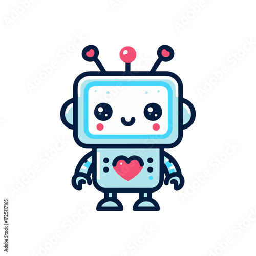 Cute cartoon robot with a heart design, standing cheerfully on a white background