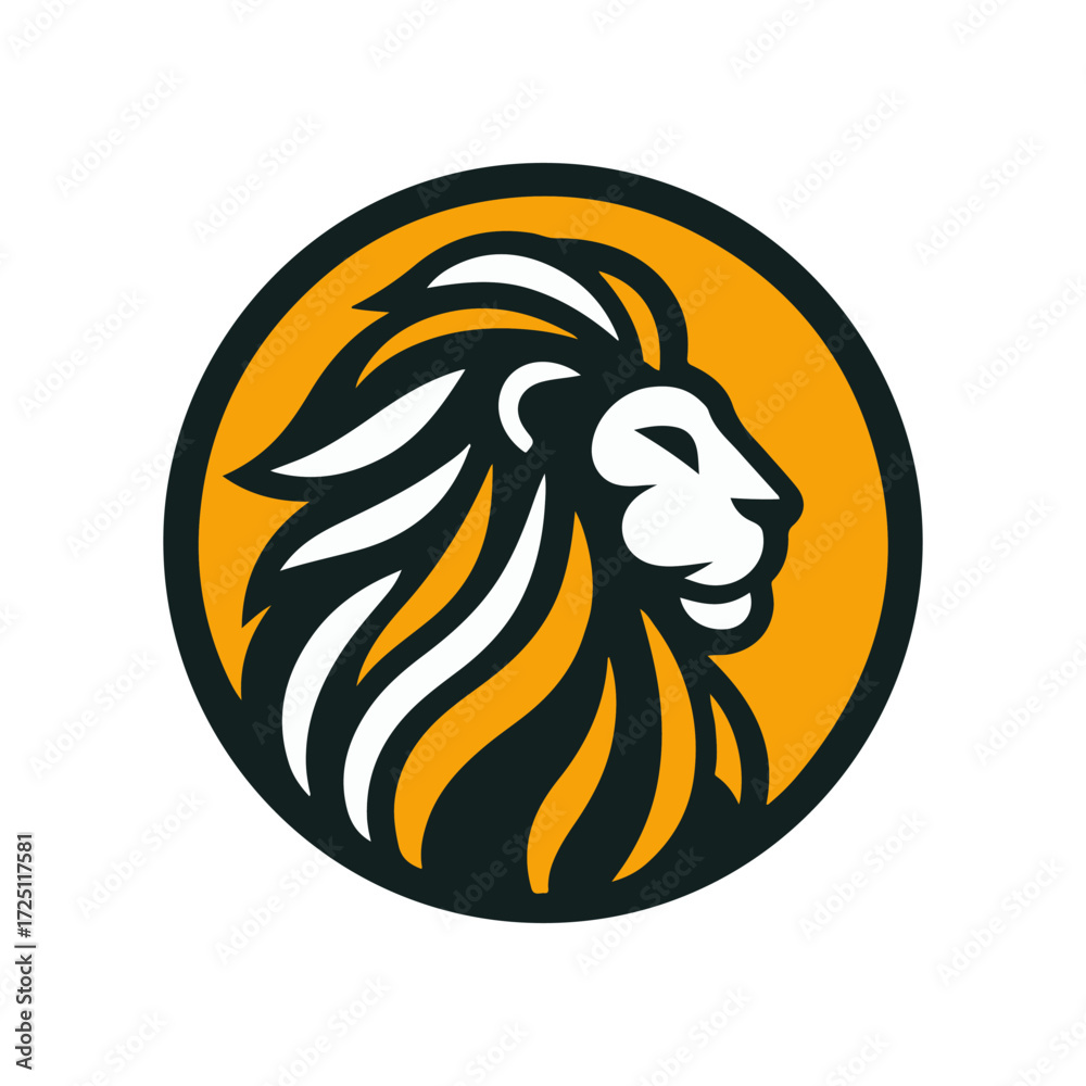 Fototapeta premium Stylized lion head logo in a circular design with a vibrant orange background