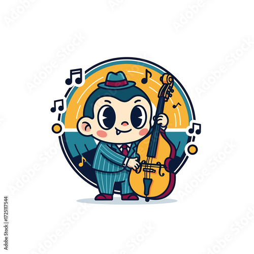 Cartoon Illustration of a Cheerful Musician Playing a String Bass with Musical Notes