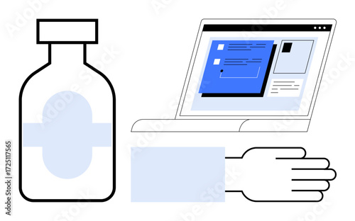 Medicine bottle, user hand reaching toward laptop displaying prescription form. Ideal for telemedicine, e-healthcare, online services, digital transformation, pharmacy, interaction, simple flat