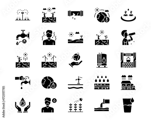 Water Crisis Line Vector Icons