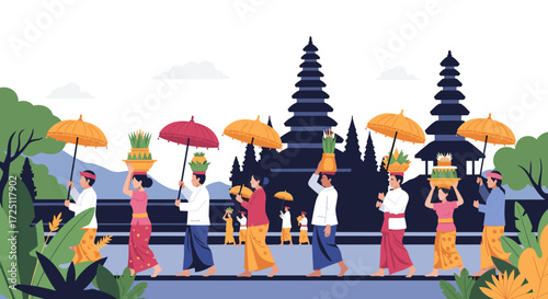 Colorful Spiritual Offering Procession with People in Traditional Clothing at Temple, Tropical Environment, Illustration