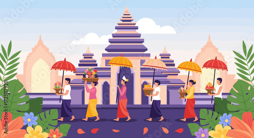 Colorful Offering Procession at Temple, Sunrise Ritual Illustration of People in Traditional Clothing, Southeast Asia