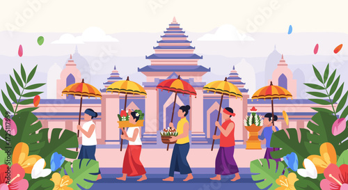 Colourful Spiritual Offering Graphic Illustration of People in Traditional Clothing in Bali