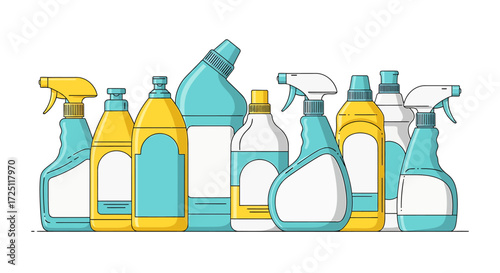 Collection of cleaning supplies Bottles, sprayers, and containers for household cleaning and hygiene