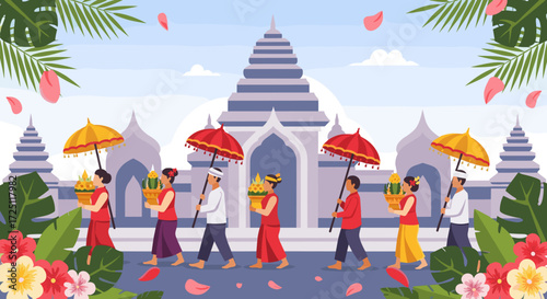 Colorful Balinese Offering Procession at Sunrise, Graphic Artwork of Traditional Worship in Indonesia's Tropical Temple