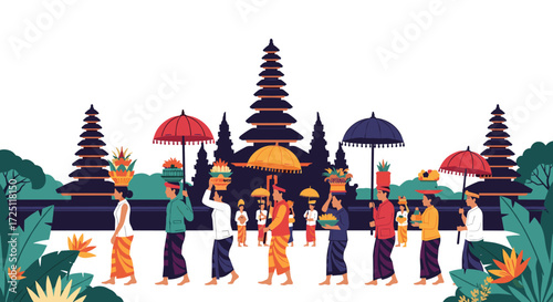 Spiritual Offering Procession at Temple in Bali, Colorful Artwork Illustrating Traditional Culture and Rituals