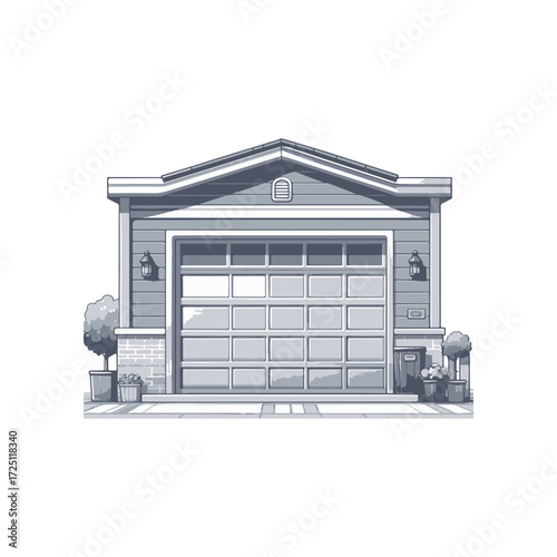 Modern garage with large door, surrounded by greenery and decorative plants, in a suburban setting