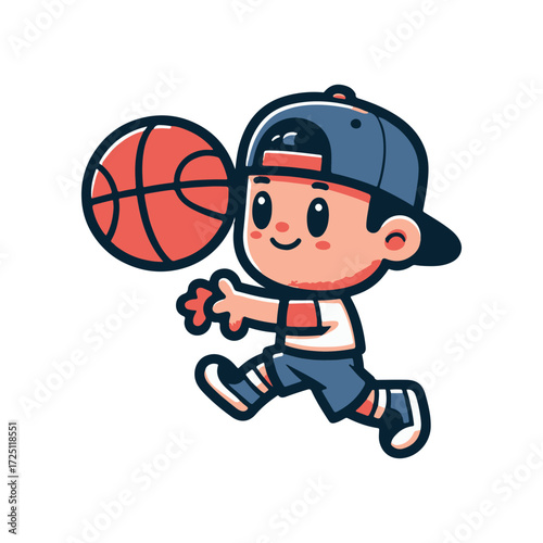 Playful child in a baseball cap dribbling a basketball, showcasing athleticism and joy