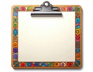 Wooden clipboard with blank off-white paper and colorful doodle border