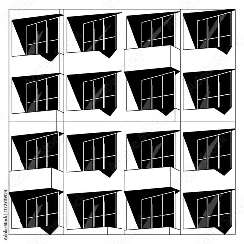 Abstract monochrome architectural grid featuring repeating window elements and deep shadow contrasts
