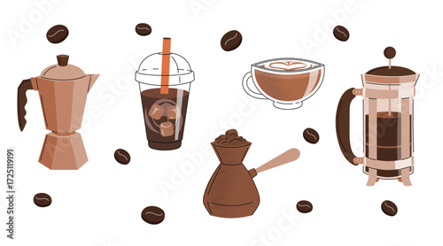 Coffee beverages icons set. Take away cup, grinder, iced coffee, cezve and French press pot. Vector illustrations isolated on white.