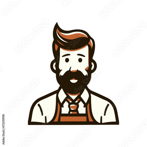 Vintage-style illustration of a bearded man in an apron, smiling warmly, set against a simple background