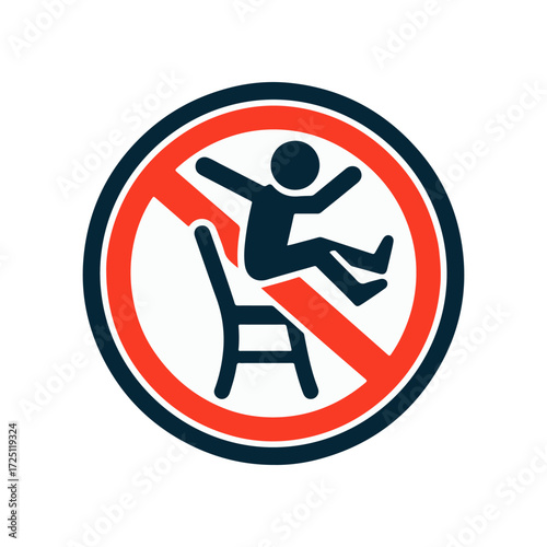 Warning sign illustrating a person falling off a chair, emphasizing safety in a playful design