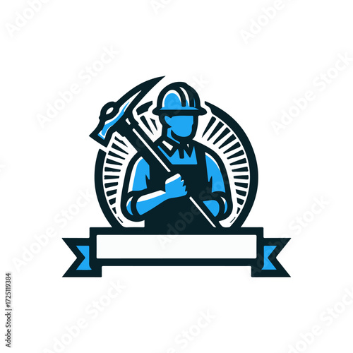 Worker holding a pickaxe, symbolizing construction and labor, with a sunburst background
