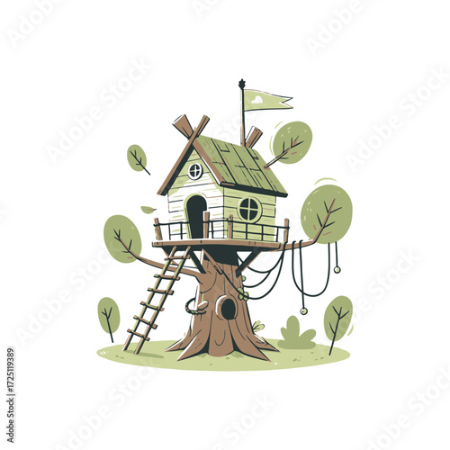 Whimsical treehouse perched in a sturdy tree, surrounded by lush greenery and playful elements