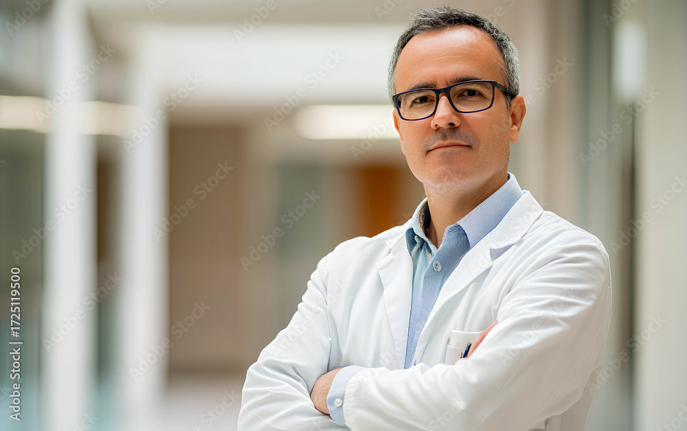 Obraz premium Healthcare professional stands confidently in a modern medical facility showcasing expertise and dedication to patient care during a bright afternoon