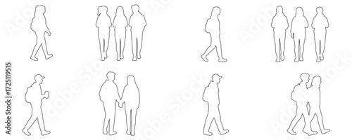 Architectural Drawings Outline Students Walking vector illustration,  front view, human person Minimal style hand drawn. Sections, Elevations, Floor Plans