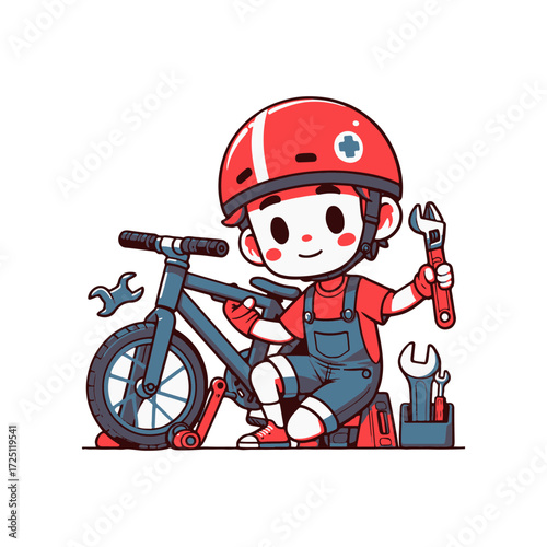 Young boy in red helmet repairing a bicycle with tools, surrounded by bike parts and accessories