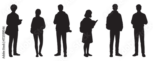 Architectural Drawings Silhouette Students Standing vector illustration,  front view, human person Minimal style hand drawn. Sections, Elevations, Floor Plans