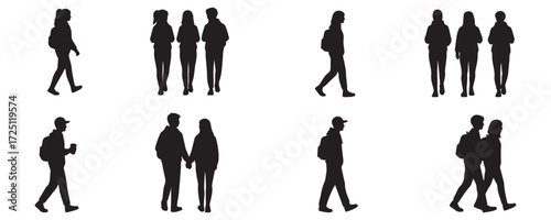 Architectural Drawings Silhouettte Students Walking vector illustration,  front view, human person Minimal style hand drawn. Sections, Elevations, Floor Plans