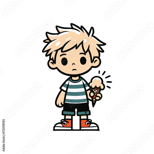 Young boy with blonde hair holding an ice cream cone, looking disappointed in a simple background