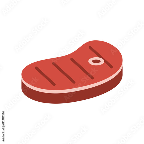 Flat vector steak meat illustration in red tone, isolated on white background, suitable for protein food icon, restaurant menu design, barbecue graphic, meat cuisine symbol, or cooking ingredient art.