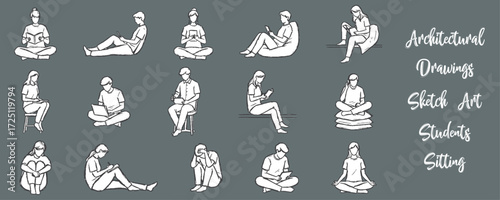 Architectural Drawings Sketch Art Students Sitting with different pose vector illustration,  front view, human person Minimal style hand drawn. Sections, Elevations, Floor Plans