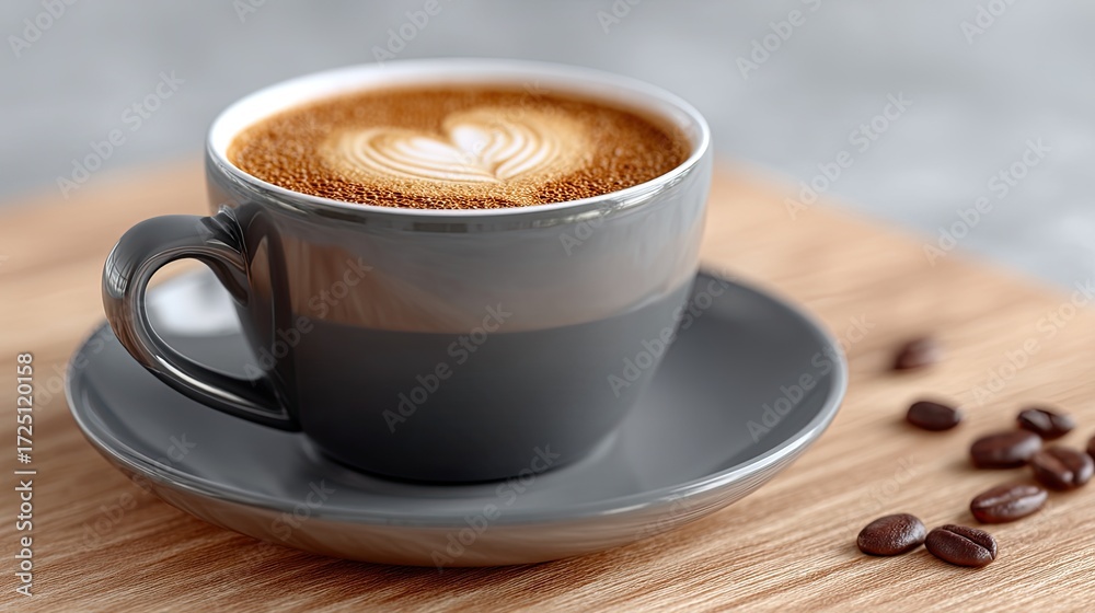 Obraz premium Latte Art in Gray Ceramic Cup with Roasted Coffee Beans on Wooden Table in Warm Light High Definition Close Up