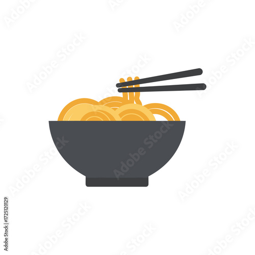 Flat vector noodle bowl illustration with chopsticks, isolated on white background, suitable for Asian food icon, fast meal design, ramen graphic, restaurant menu element, or traditional cuisine conce