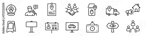 Local Marketing and Signage Line Icons – Geotarget, Storefront, Delivery, Billboard Vector Set