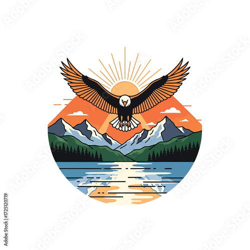 Majestic bald eagle soaring over a scenic mountain lake with a vibrant sunrise background