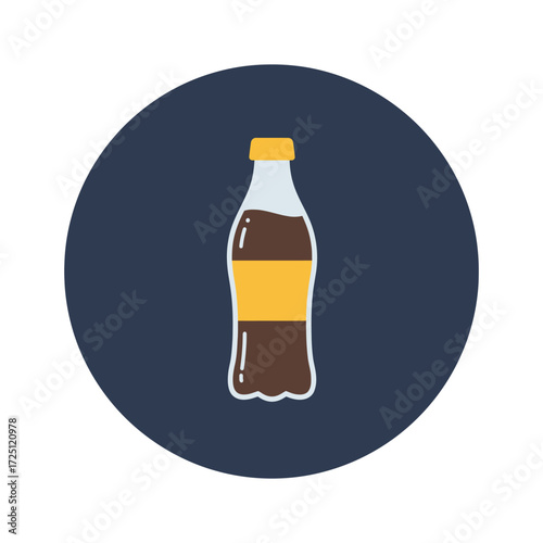 Flat vector soda bottle illustration with brown liquid and yellow label, isolated on white background, suitable for carbonated drink icon, fast food design, junk food graphic, refreshment concept.