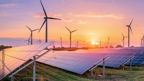 Windmill turbines generating green energy electric.Solar panels park and wind turbines at sunset.Green energy reduce carbon emissions and makes earth cleaner and more ecological.