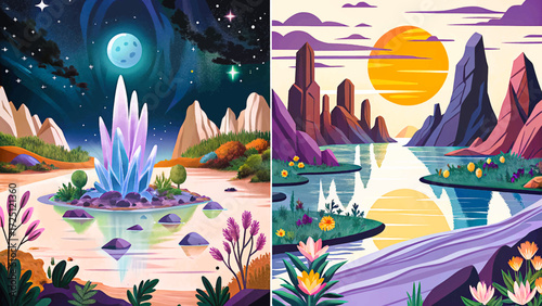 Surreal alien planet vector with glowing river, futuristic landscape, mysterious rocks, cosmic sky, extraterrestrial environment, fantasy scene illustration.
