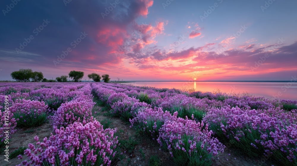 Naklejka premium Lavender Flowers Field at Sunset with Pink Clouds and Golden Horizon over Water