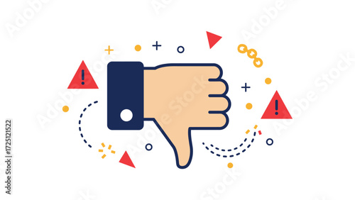 Thumbs down hand with warning and chain icons symbolizing rejection and disapproval